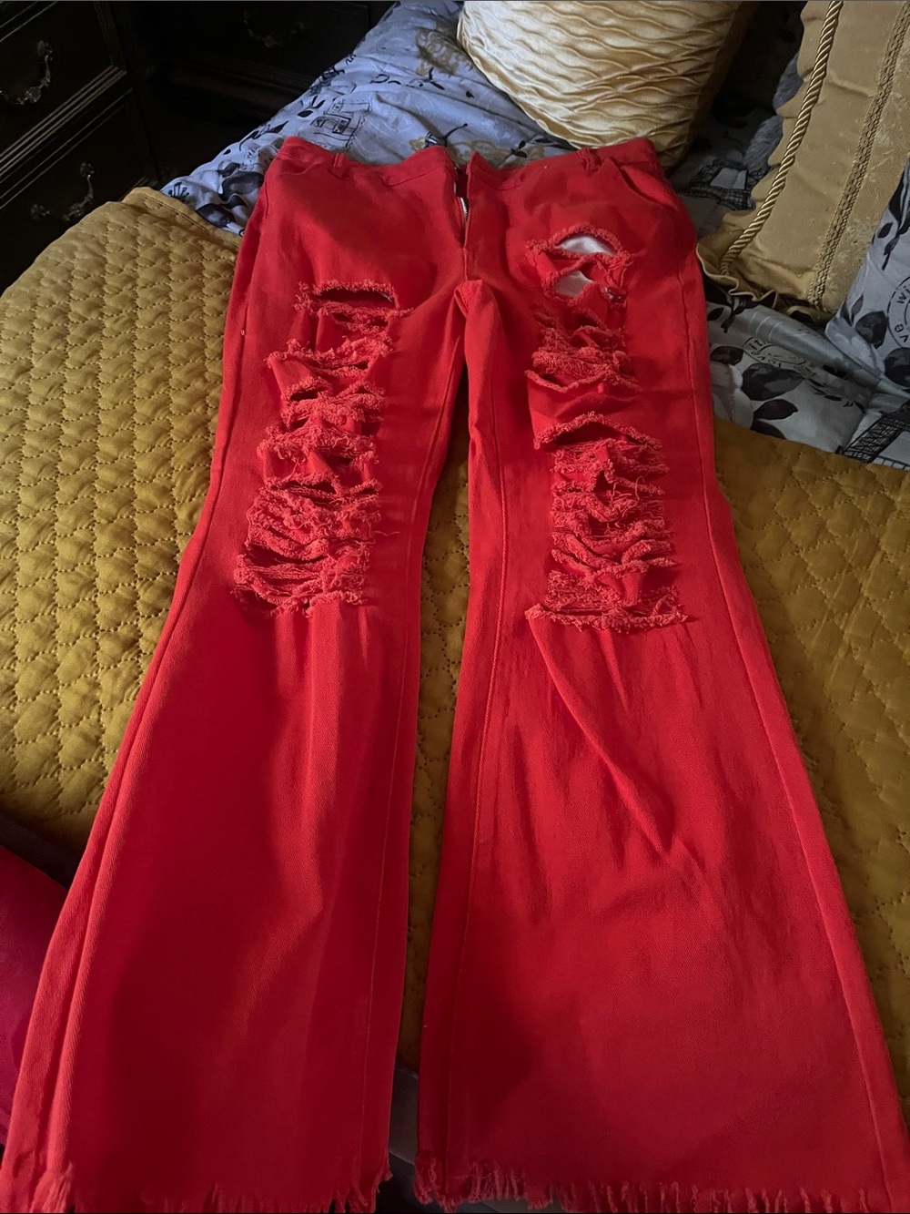 SHEIN Red Distressed Flare Jeans